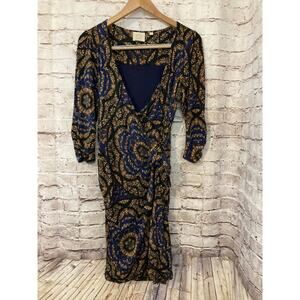 Vanessa Virginia Dress Womens Medium Navy Medallion Print Faux Wrap Stretch